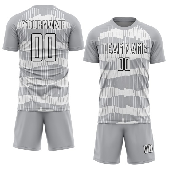 Camiseta de fútbol personalizada de sublimación, color blanco y negro, con rayas grises