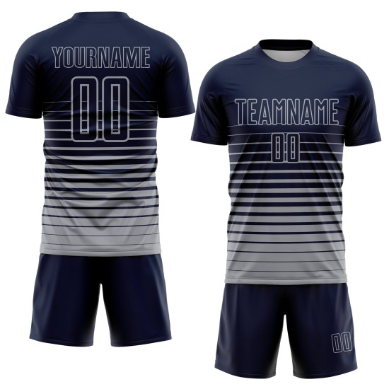 Uniforme de fútbol personalizado de moda con raya diplomática azul marino, camiseta de sublimación gris
