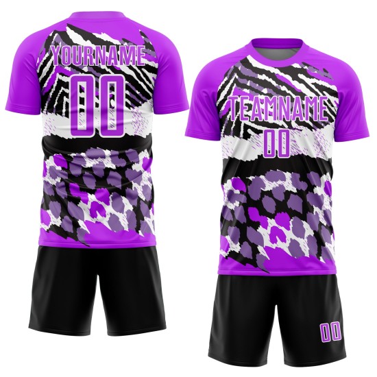 Camiseta de fútbol con estampado morado, blanco y negro, personalizada, sublimación Camiseta de fútbol con estampado morado, blanco y negro, personalizada, sublimación
