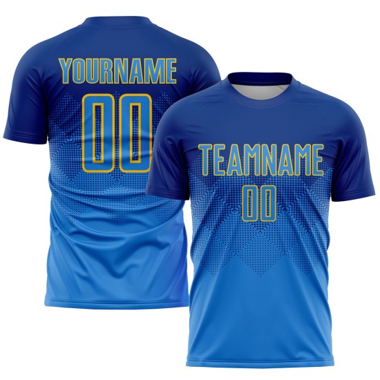 Uniforme de fútbol personalizado por sublimación, camiseta azul real y dorada. Uniforme de fútbol personalizado por sublimación, camiseta azul real y dorada.