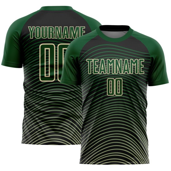 Camiseta de fútbol personalizada con degradado verde, color crema y negro, con diseño geométrico y sublimación de líneas