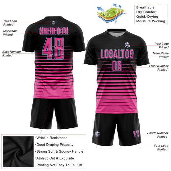 Camiseta de fútbol personalizada negra con sublimación de moda, con rayas rosa y azul claro Camiseta de fútbol personalizada negra con sublimación de moda, con rayas rosa y azul claro