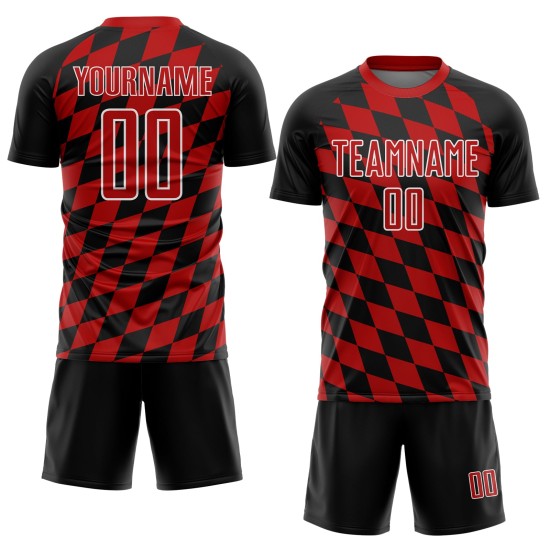 Uniforme de fútbol sublimado negro con estampado de rombos, camiseta roja y blanca personalizada