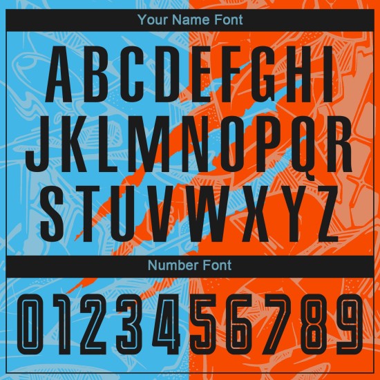 Camiseta de fútbol personalizada con estampado de grafiti de sublimación azul-naranja y negro, uniforme Sky Camiseta de fútbol personalizada con estampado de grafiti de sublimación azul-naranja y negro, uniforme Sky