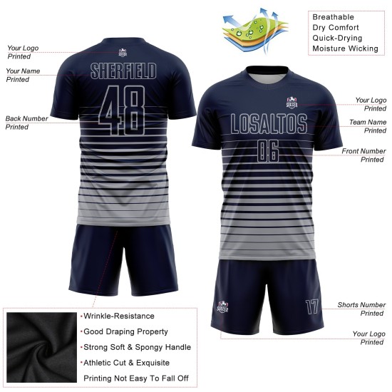 Uniforme de fútbol personalizado de moda con raya diplomática azul marino, camiseta de sublimación gris