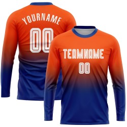 Camiseta de fútbol personalizada de sublimación con mangas en blanco y naranja real, con decoloración larga