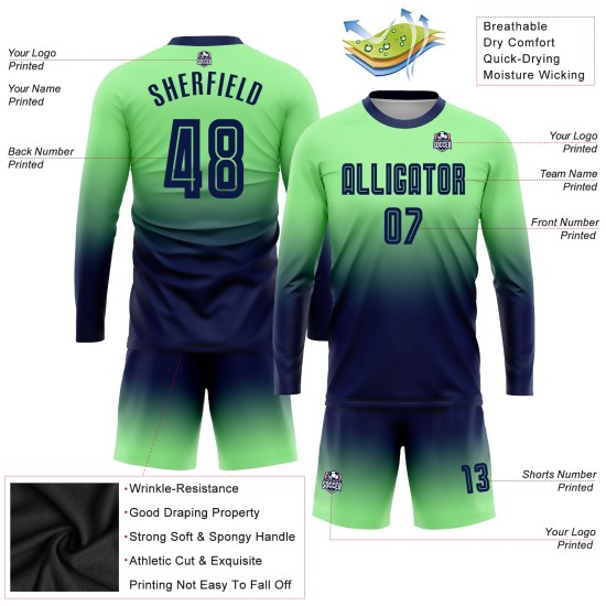 Camiseta de fútbol verde de moda personalizada con sublimación, manga larga, color azul marino degradado