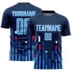 Camiseta personalizada de EE. UU., uniforme azul marino y blanco, líneas de sublimación azul cielo, fútbol