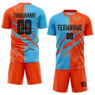 Camiseta de fútbol personalizada con estampado de grafiti de sublimación azul-naranja y negro, uniforme Sky