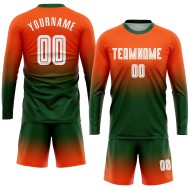 Camiseta de fútbol naranja con mangas personalizadas, uniforme de sublimación, decoloración, moda, larga, blanco y verde