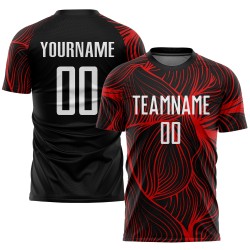 Uniforme de fútbol personalizado sublimado blanco y rojo, camiseta negra