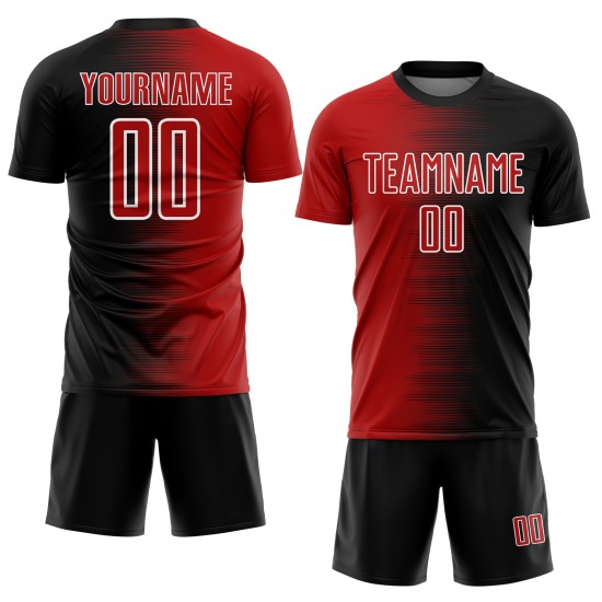 Camiseta de fútbol personalizada con degradado de línea, uniforme de sublimación negro, rojo y blanco
