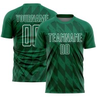 Camiseta de fútbol personalizada con diseño geométrico verde Kelly y formas blancas para sublimación