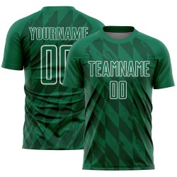 Camiseta de fútbol personalizada con diseño geométrico verde Kelly y formas blancas para sublimación