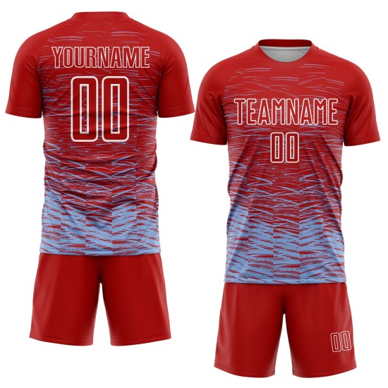 Camiseta de fútbol personalizada por sublimación, uniforme de línea ligera azul y blanca, color rojo