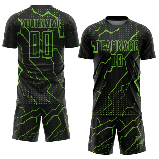 Camiseta de fútbol Aurora verde relámpago, uniforme negro de sublimación, personalizada Camiseta de fútbol Aurora verde relámpago, uniforme negro de sublimación, personalizada