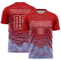 Camiseta de fútbol personalizada por sublimación, uniforme de línea ligera azul y blanca, color rojo