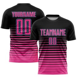 Camiseta de fútbol personalizada negra con sublimación de moda, con rayas rosa y azul claro