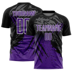 Camiseta personalizada de fútbol con degradado morado y blanco para sublimación, color negro y rayado