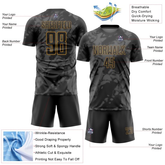 Uniforme de fútbol personalizado dorado con sublimación, arte abstracto, gris-negro antiguo grunge