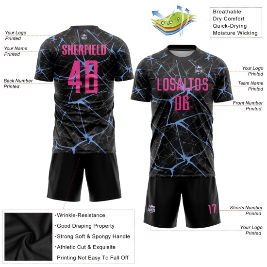 Camiseta de uniforme de fútbol negra sublimada rosa-azul claro personalizada