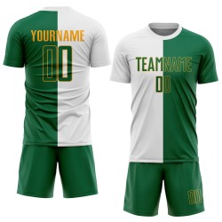 Uniforme de sublimación, camiseta blanca de fútbol dividida, personalizada, moda Kelly verde-dorado