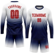 Camiseta de fútbol personalizada blanca con sublimación desvanecida, manga larga, color rojo y azul marino