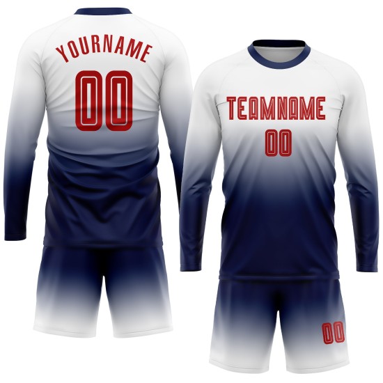 Camiseta de fútbol personalizada blanca con sublimación desvanecida, manga larga, color rojo y azul marino