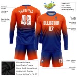 Camiseta de fútbol personalizada de sublimación con mangas en blanco y naranja real, con decoloración larga Camiseta de fútbol personalizada de sublimación con mangas en blanco y naranja real, con decoloración larga
