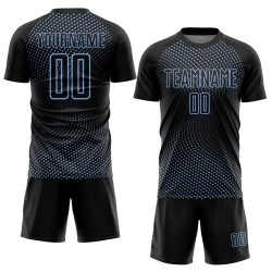 Uniforme de fútbol con líneas de sublimación geométricas, camiseta negra personalizada, azul claro