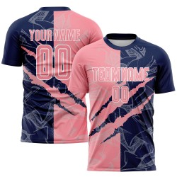 Camiseta de fútbol mediana con estampado de grafiti de sublimación personalizada en rosa y azul marino para rascar