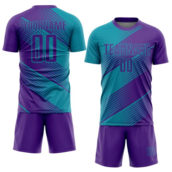 Camiseta de fútbol personalizada por sublimación en color verde azulado y morado