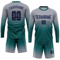 Camiseta larga de fútbol azul marino-verde azulado con mangas desteñidas grises personalizadas por sublimación