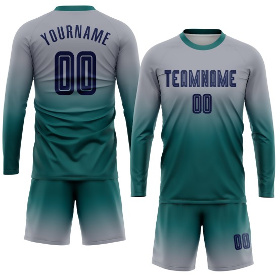 Camiseta larga de fútbol azul marino-verde azulado con mangas desteñidas grises personalizadas por sublimación