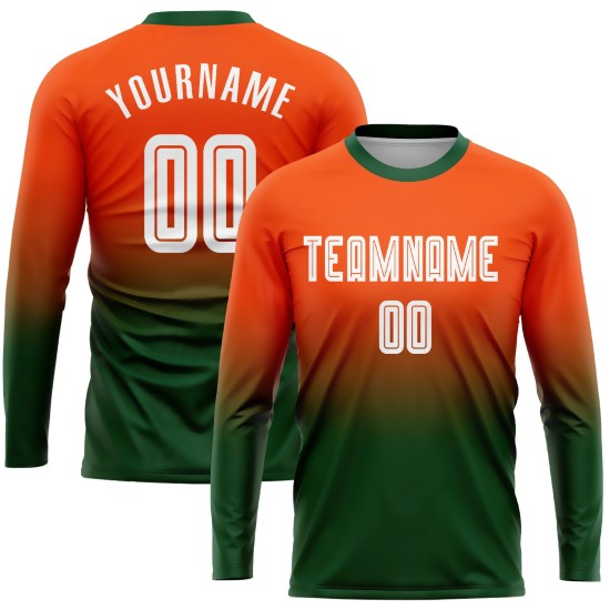 Camiseta de fútbol naranja con mangas personalizadas, uniforme de sublimación, decoloración, moda, larga, blanco y verde Camiseta de fútbol naranja con mangas personalizadas, uniforme de sublimación, decoloración, moda, larga, blanco y verde