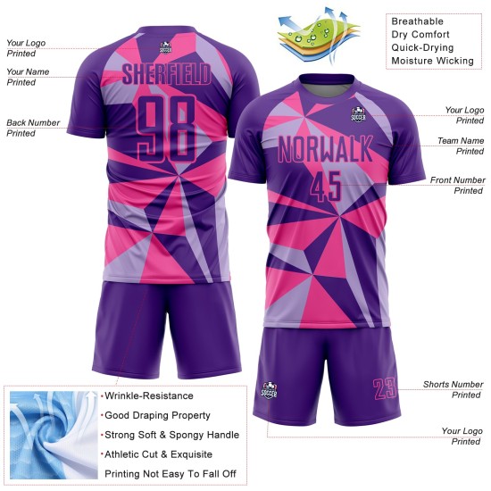 Uniforme de fútbol rosa con patrón personalizado, camiseta geométrica de sublimación morada