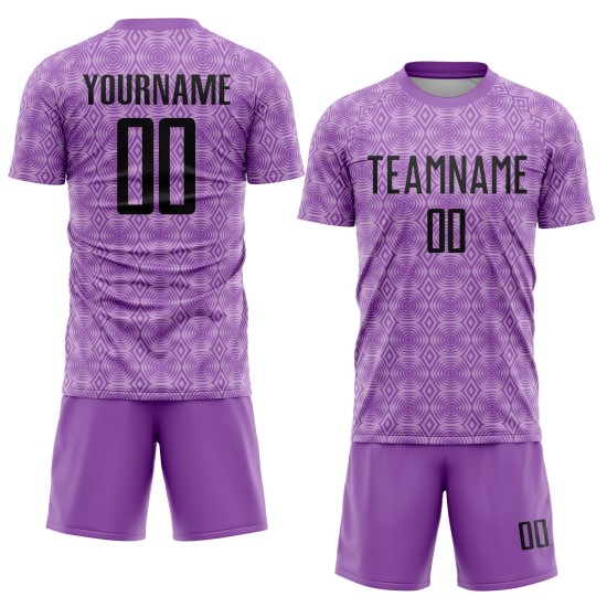 Camiseta de fútbol personalizada de sublimación geométrica morada, tamaño mediano, con formas negras y moradas