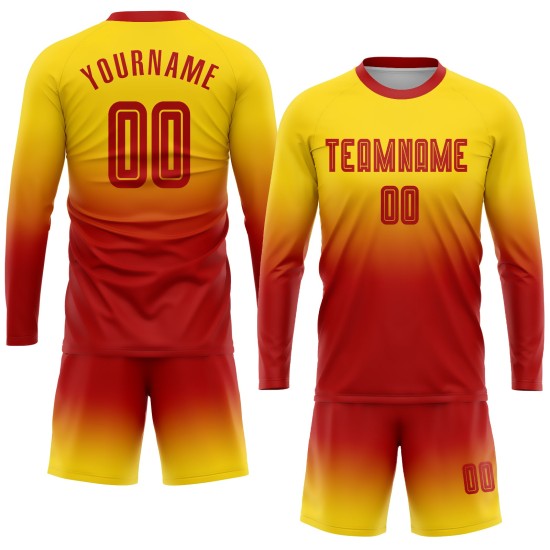 Camiseta larga roja desteñida personalizada, dorada, de sublimación, manga de uniforme de fútbol