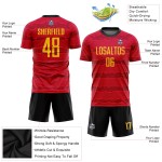 Camiseta de fútbol personalizada con sublimación, color dorado, negro y rojo