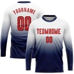 Camiseta de fútbol personalizada blanca con sublimación desvanecida, manga larga, color rojo y azul marino