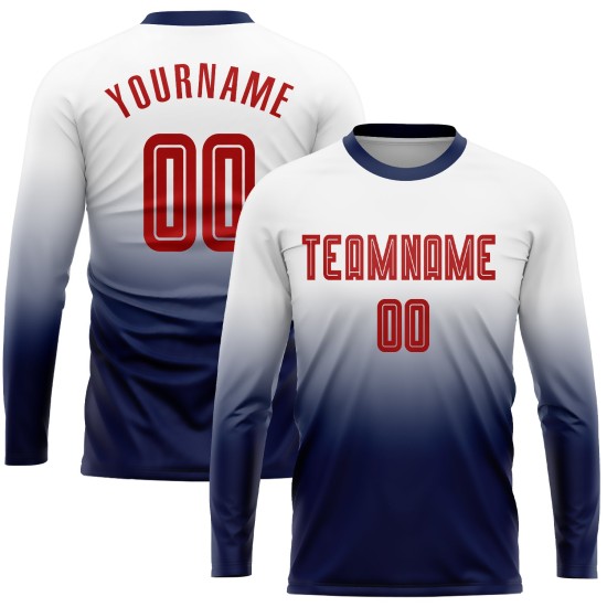 Camiseta de fútbol personalizada blanca con sublimación desvanecida, manga larga, color rojo y azul marino
