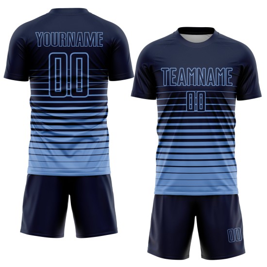 Camiseta de fútbol de rayas azul claro personalizada con degradado por sublimación, uniforme azul marino de moda Camiseta de fútbol de rayas azul claro personalizada con degradado por sublimación, uniforme azul marino de moda