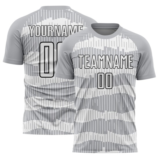 Camiseta de fútbol personalizada de sublimación, color blanco y negro, con rayas grises