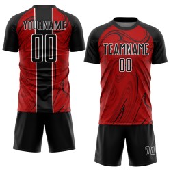 Camiseta de fútbol roja fluida abstracta, negra y blanca, uniforme de sublimación personalizado