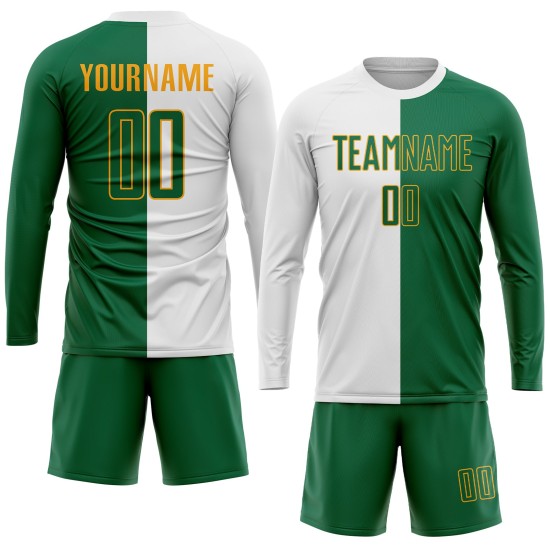 Uniforme de sublimación, camiseta blanca de fútbol dividida, personalizada, moda Kelly verde-dorado