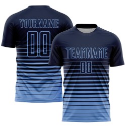 Camiseta de fútbol de rayas azul claro personalizada con degradado por sublimación, uniforme azul marino de moda