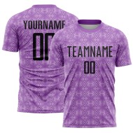 Camiseta de fútbol personalizada de sublimación geométrica morada, tamaño mediano, con formas negras y moradas