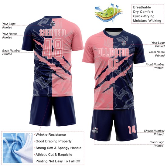 Camiseta de fútbol mediana con estampado de grafiti de sublimación personalizada en rosa y azul marino para rascar