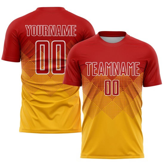 Camiseta de fútbol personalizada sublimada en dorado, rojo y blanco Camiseta de fútbol personalizada sublimada en dorado, rojo y blanco