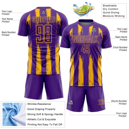 Uniforme de fútbol de sublimación con rayas doradas y moradas, personalizado y abstracto